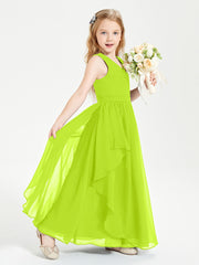 Boho Sleeveless Chiffon Junior Bridesmaid Dresses V-neck Lime Green