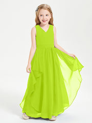 Boho Sleeveless Chiffon Junior Bridesmaid Dresses V-neck Lime Green