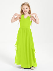 Boho Sleeveless Chiffon Junior Bridesmaid Dresses V-neck Lime Green