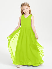 Boho Sleeveless Chiffon Junior Bridesmaid Dresses V-neck Lime Green