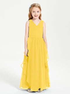 Boho Sleeveless Chiffon Junior Bridesmaid Dresses V-neck Marigold