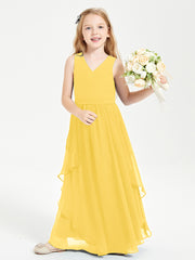 Boho Sleeveless Chiffon Junior Bridesmaid Dresses V-neck Marigold