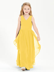 Boho Sleeveless Chiffon Junior Bridesmaid Dresses V-neck Marigold