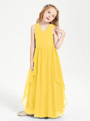 Boho Sleeveless Chiffon Junior Bridesmaid Dresses V-neck Marigold