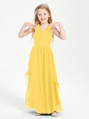 Boho Sleeveless Chiffon Junior Bridesmaid Dresses V-neck Marigold