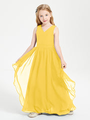Boho Sleeveless Chiffon Junior Bridesmaid Dresses V-neck Marigold