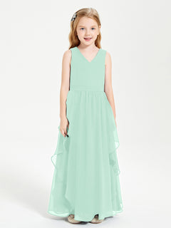 Boho Sleeveless Chiffon Junior Bridesmaid Dresses V-neck Mint Green