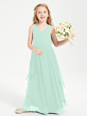 Boho Sleeveless Chiffon Junior Bridesmaid Dresses V-neck Mint Green