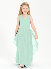 Boho Sleeveless Chiffon Junior Bridesmaid Dresses V-neck Mint Green