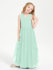 Boho Sleeveless Chiffon Junior Bridesmaid Dresses V-neck Mint Green