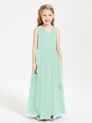 Boho Sleeveless Chiffon Junior Bridesmaid Dresses V-neck Mint Green