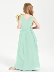 Boho Sleeveless Chiffon Junior Bridesmaid Dresses V-neck Mint Green