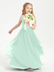 Boho Sleeveless Chiffon Junior Bridesmaid Dresses V-neck Mint Green