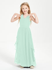 Boho Sleeveless Chiffon Junior Bridesmaid Dresses V-neck Mint Green