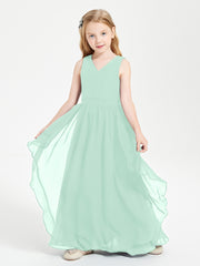 Boho Sleeveless Chiffon Junior Bridesmaid Dresses V-neck Mint Green