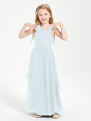 Boho Sleeveless Chiffon Junior Bridesmaid Dresses V-neck Mist
