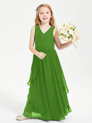 Boho Sleeveless Chiffon Junior Bridesmaid Dresses V-neck Moss