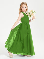Boho Sleeveless Chiffon Junior Bridesmaid Dresses V-neck Moss