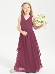 Boho Sleeveless Chiffon Junior Bridesmaid Dresses V-neck Mulberry