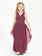 Boho Sleeveless Chiffon Junior Bridesmaid Dresses V-neck Mulberry
