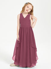 Boho Sleeveless Chiffon Junior Bridesmaid Dresses V-neck Mulberry