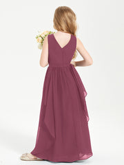 Boho Sleeveless Chiffon Junior Bridesmaid Dresses V-neck Mulberry