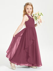 Boho Sleeveless Chiffon Junior Bridesmaid Dresses V-neck Mulberry