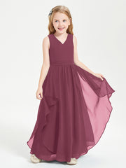 Boho Sleeveless Chiffon Junior Bridesmaid Dresses V-neck Mulberry