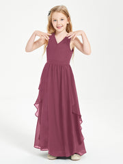 Boho Sleeveless Chiffon Junior Bridesmaid Dresses V-neck Mulberry
