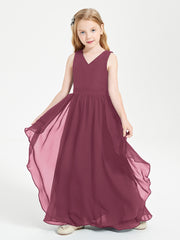 Boho Sleeveless Chiffon Junior Bridesmaid Dresses V-neck Mulberry