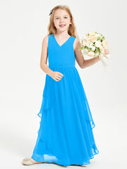 Boho Sleeveless Chiffon Junior Bridesmaid Dresses V-neck Ocean Blue