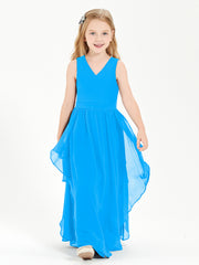 Boho Sleeveless Chiffon Junior Bridesmaid Dresses V-neck Ocean Blue