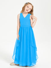 Boho Sleeveless Chiffon Junior Bridesmaid Dresses V-neck Ocean Blue