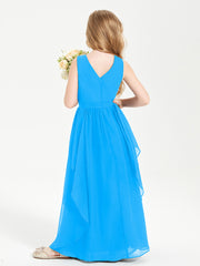 Boho Sleeveless Chiffon Junior Bridesmaid Dresses V-neck Ocean Blue