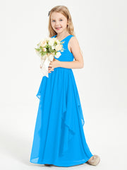 Boho Sleeveless Chiffon Junior Bridesmaid Dresses V-neck Ocean Blue