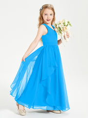 Boho Sleeveless Chiffon Junior Bridesmaid Dresses V-neck Ocean Blue