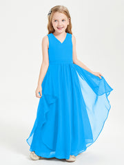 Boho Sleeveless Chiffon Junior Bridesmaid Dresses V-neck Ocean Blue