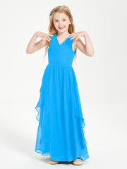 Boho Sleeveless Chiffon Junior Bridesmaid Dresses V-neck Ocean Blue