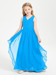 Boho Sleeveless Chiffon Junior Bridesmaid Dresses V-neck Ocean Blue