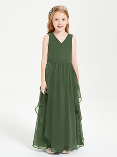 Boho Sleeveless Chiffon Junior Bridesmaid Dresses V-neck Olive Green