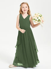 Boho Sleeveless Chiffon Junior Bridesmaid Dresses V-neck Olive Green