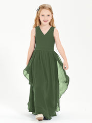 Boho Sleeveless Chiffon Junior Bridesmaid Dresses V-neck Olive Green