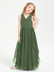 Boho Sleeveless Chiffon Junior Bridesmaid Dresses V-neck Olive Green
