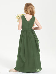 Boho Sleeveless Chiffon Junior Bridesmaid Dresses V-neck Olive Green