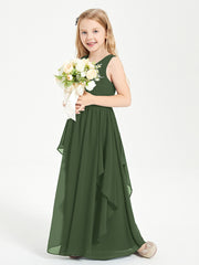 Boho Sleeveless Chiffon Junior Bridesmaid Dresses V-neck Olive Green