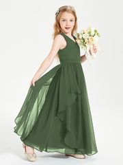 Boho Sleeveless Chiffon Junior Bridesmaid Dresses V-neck Olive Green