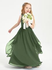Boho Sleeveless Chiffon Junior Bridesmaid Dresses V-neck Olive Green