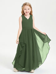 Boho Sleeveless Chiffon Junior Bridesmaid Dresses V-neck Olive Green