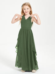 Boho Sleeveless Chiffon Junior Bridesmaid Dresses V-neck Olive Green