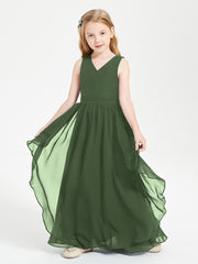 Boho Sleeveless Chiffon Junior Bridesmaid Dresses V-neck Olive Green